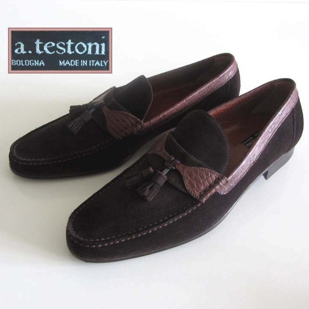 A.TESTONI croc print suede tassel loafers 11 1/2 M